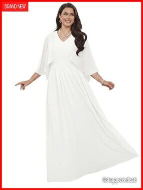 Womens Elegant Batwing Cape Sleeve V-Neck Maxi Dress Gown Plus Size
